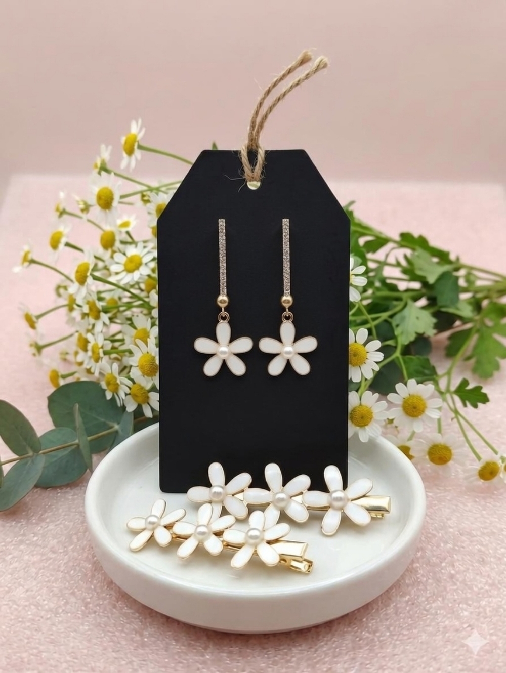 Luxe Kate Spade Style Daisy Drop Earrings & Floral Hair Clip Set